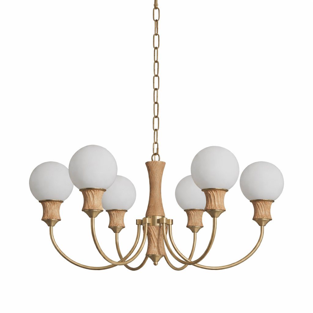 Valdora Globe Chandelier – Six-Light Brass and Wood Pendant for Dining and Living Spaces