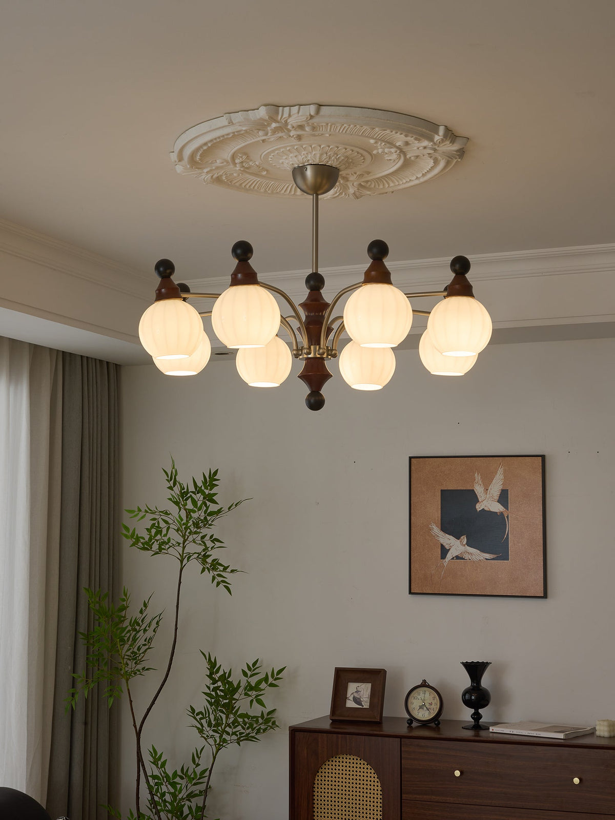 Valerio Modern Wood and Glass Chandelier for Dining Room and Living Room