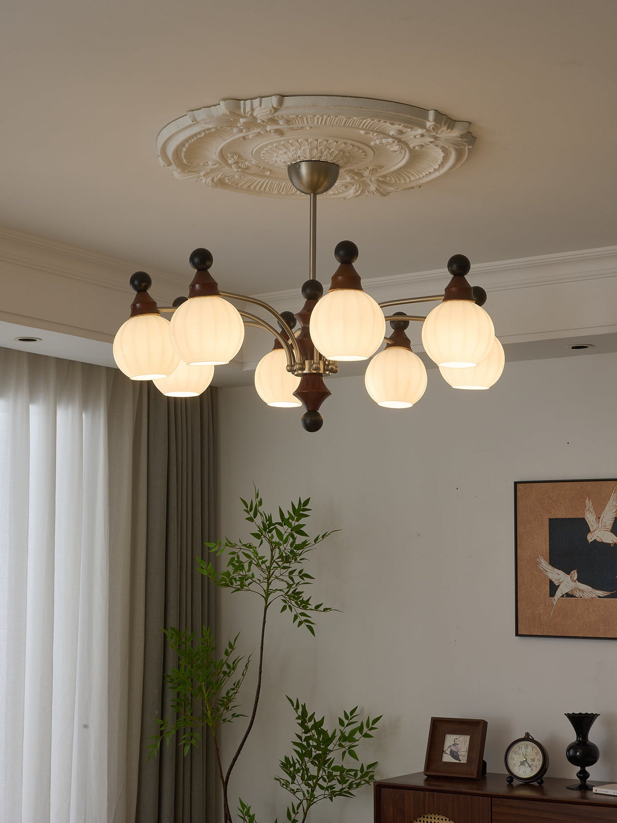 Valerio Modern Wood and Glass Chandelier for Dining Room and Living Room