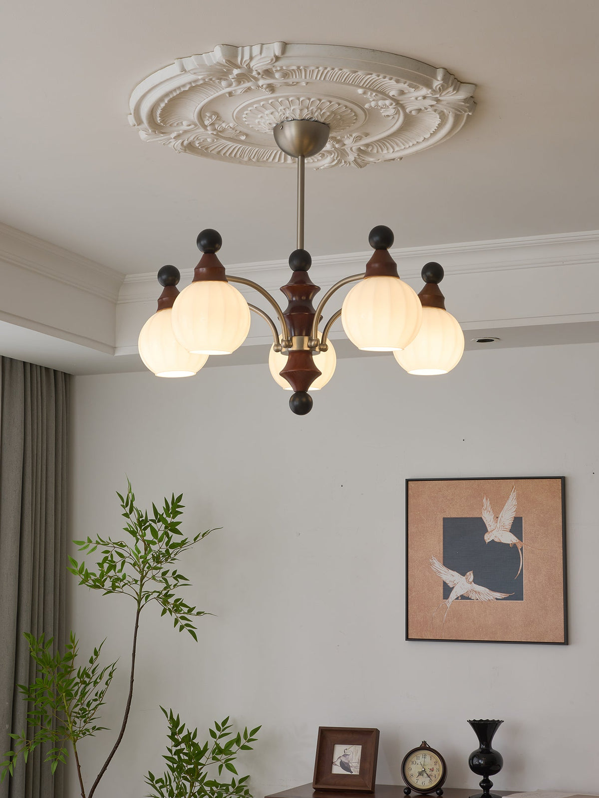 Valerio Modern Wood and Glass Chandelier for Dining Room and Living Room