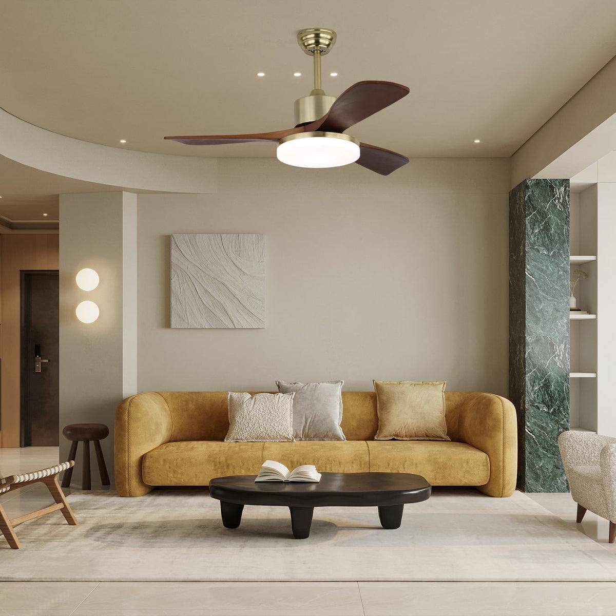 Vega Ceiling Fan Light with LED, Walnut Blades and Brass Finish