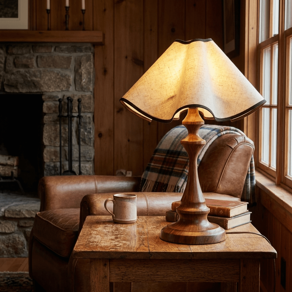 Velmora Scalloped Fabric Table Lamp with Carved Wooden Base