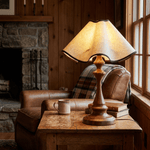 Velmora Scalloped Fabric Table Lamp with Carved Wooden Base