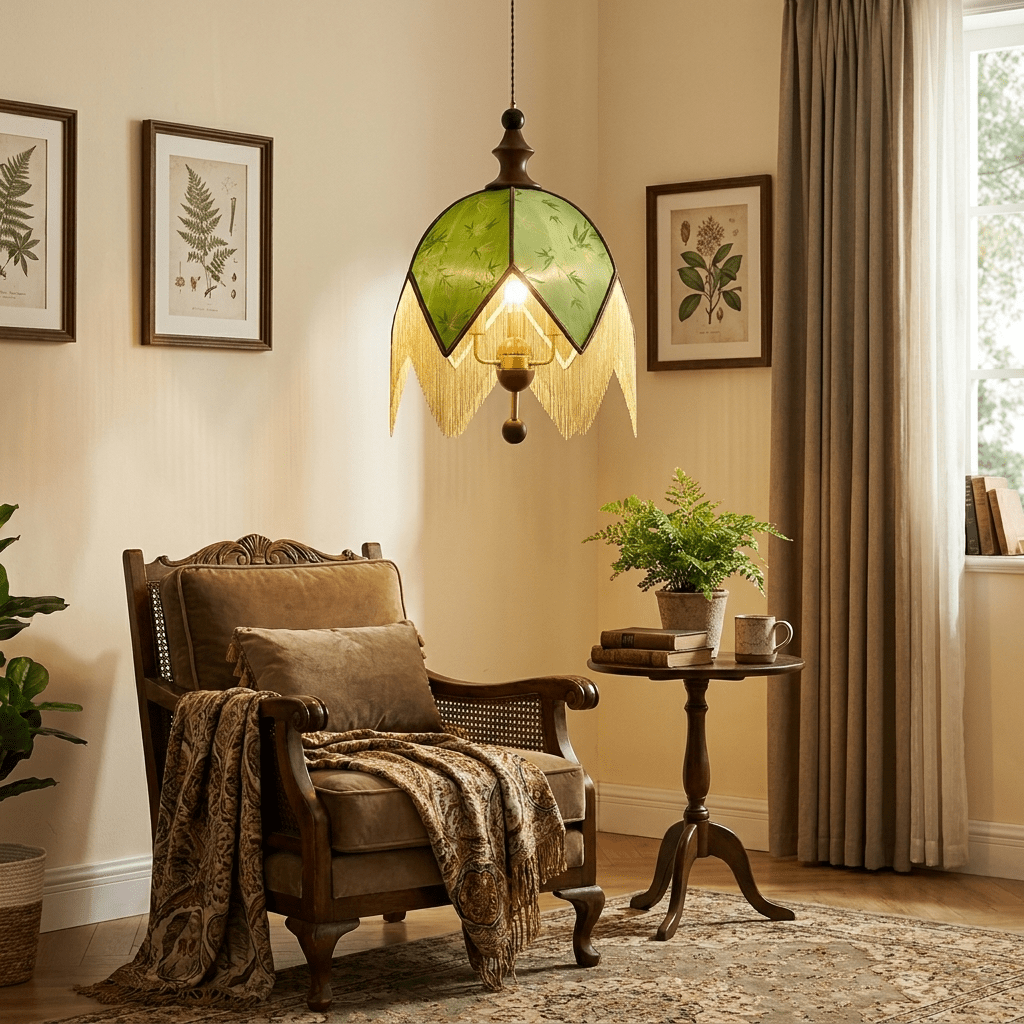 Verdant Fringe Pendant Light – Art Deco Botanical Dome Pendant in Green and Walnut
