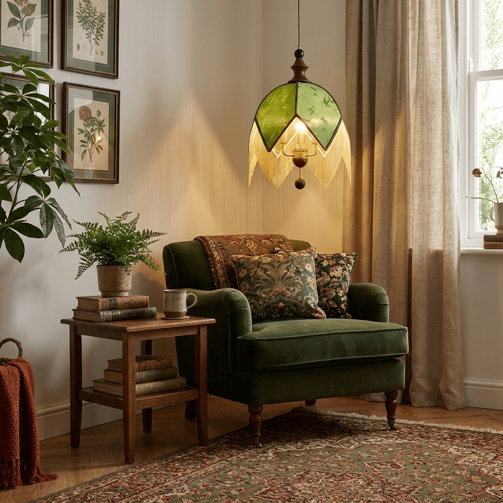 Verdant Fringe Pendant Light – Art Deco Botanical Dome Pendant in Green and Walnut