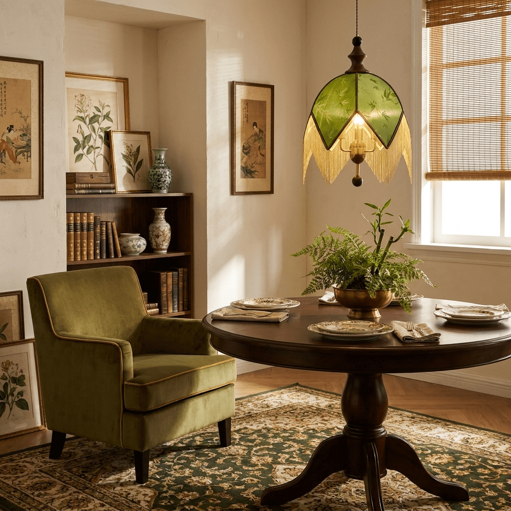 Verdant Fringe Pendant Light – Art Deco Botanical Dome Pendant in Green and Walnut