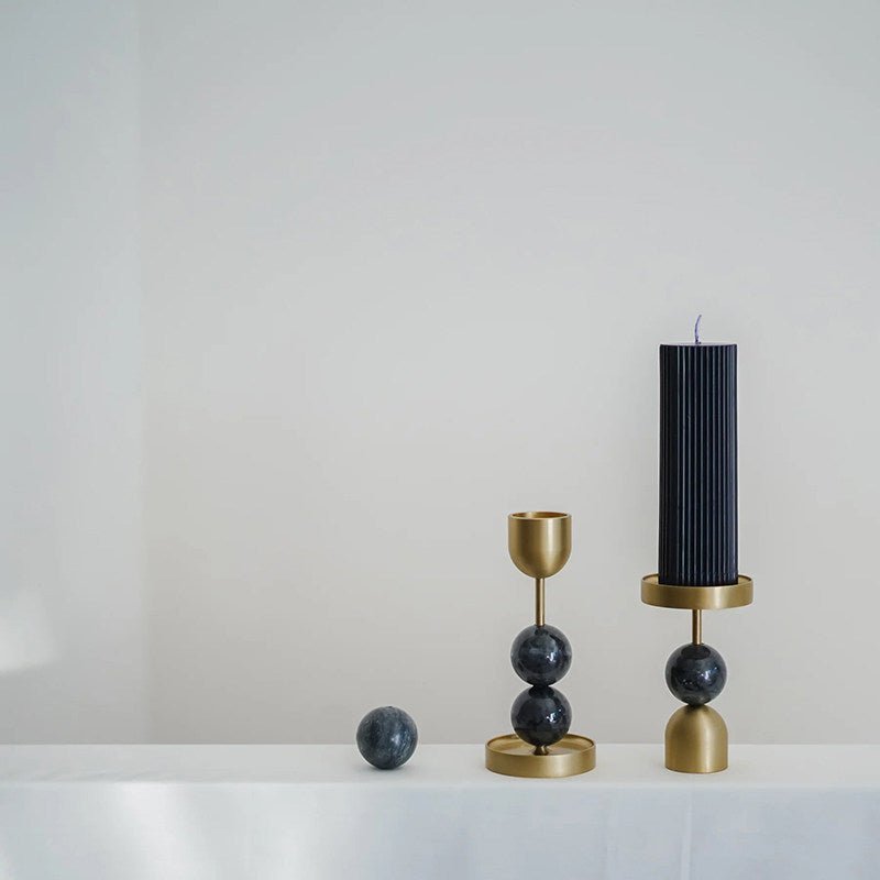Verdant Sphere Candle Holder — Sculptural Brass & Marble Table Accent