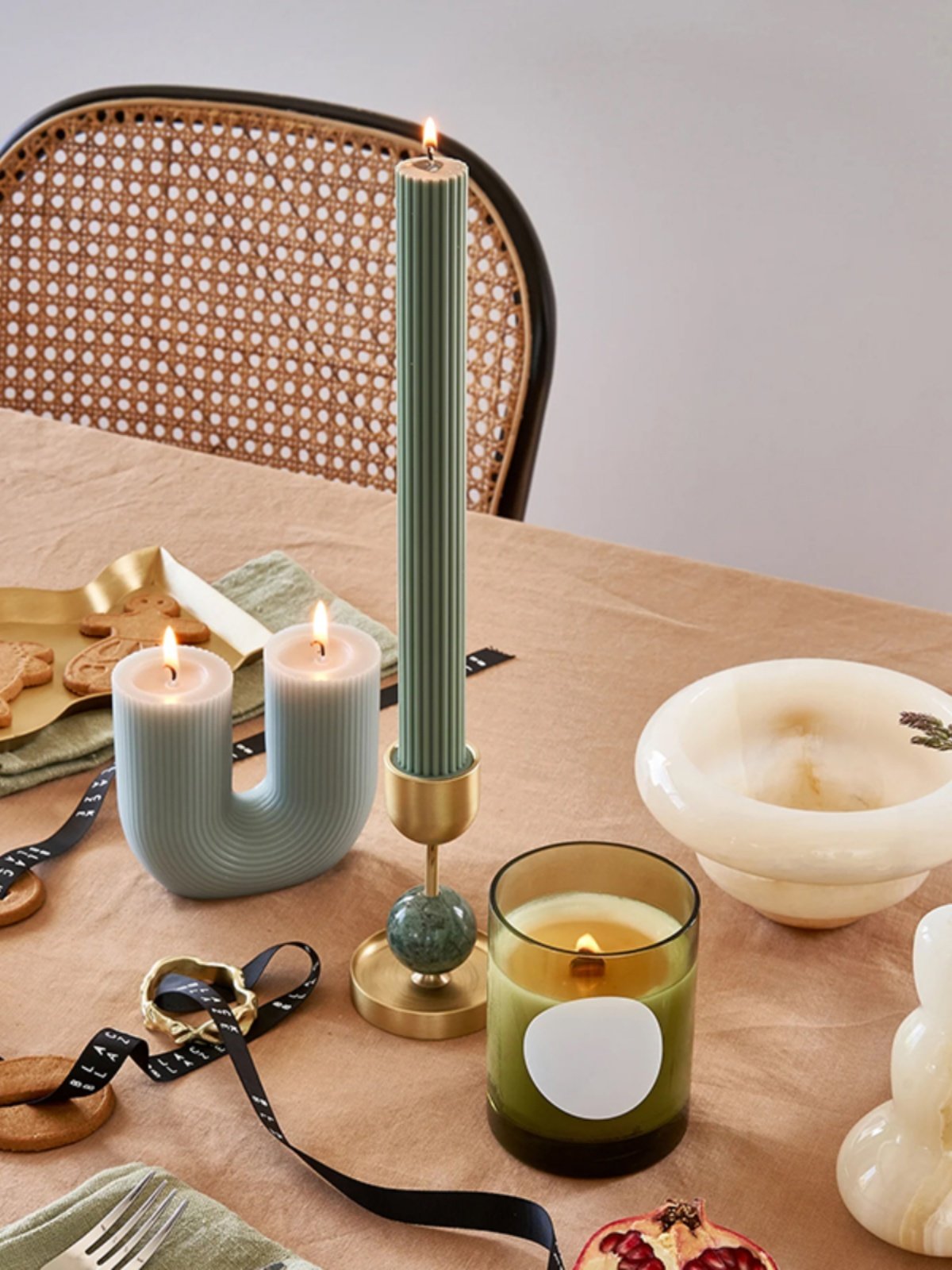 Verdant Sphere Candle Holder — Sculptural Brass & Marble Table Accent