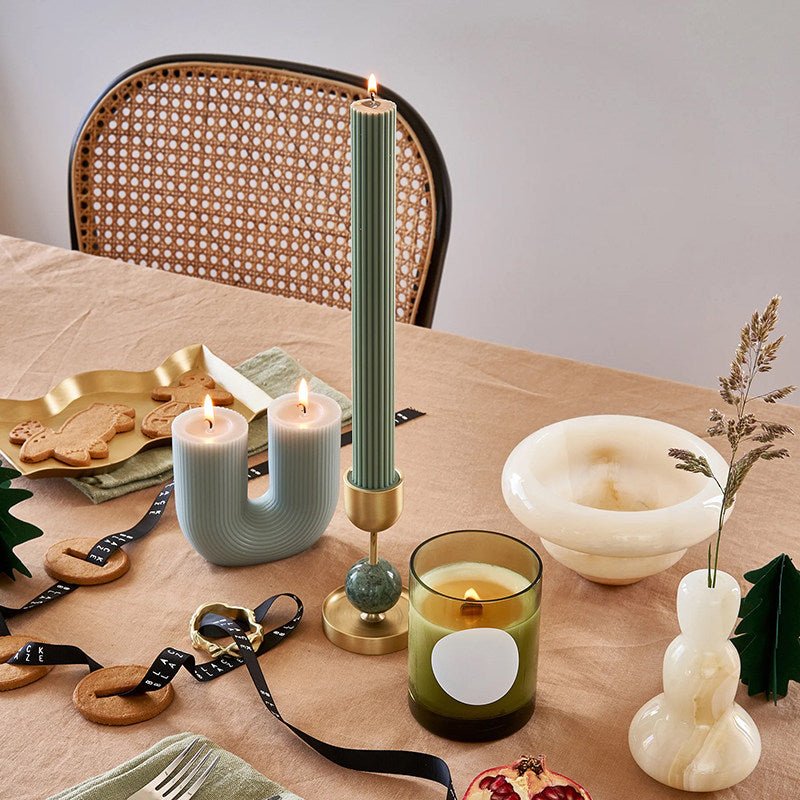 Verdant Sphere Candle Holder — Sculptural Brass & Marble Table Accent