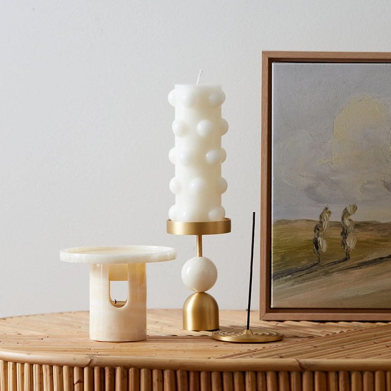 Verdant Sphere Candle Holder — Sculptural Brass & Marble Table Accent