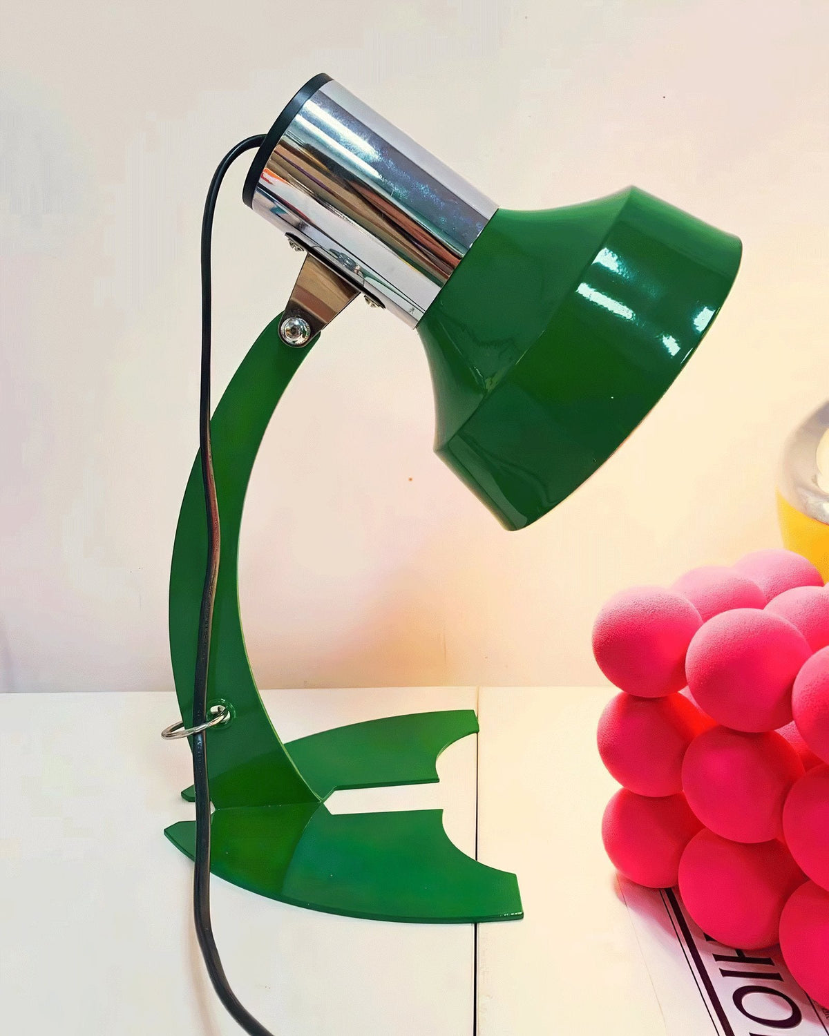 Fish Tail Arch Table Lamp with Adjustable Shade in Chrome and Vibrant Finishes