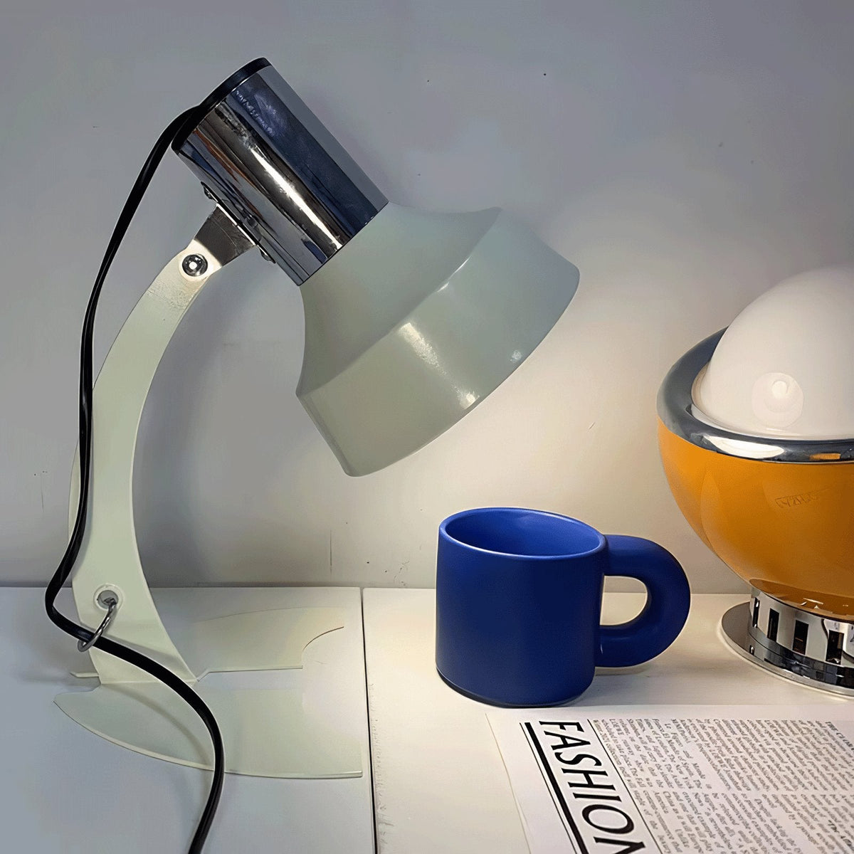 Fish Tail Arch Table Lamp with Adjustable Shade in Chrome and Vibrant Finishes