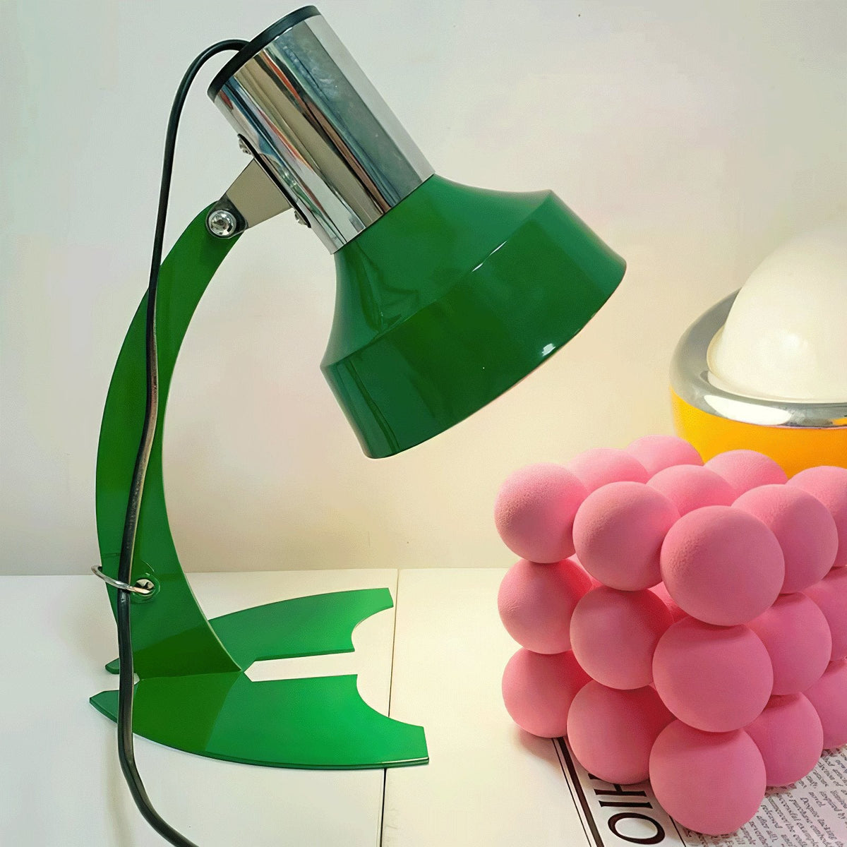 Fish Tail Arch Table Lamp with Adjustable Shade in Chrome and Vibrant Finishes