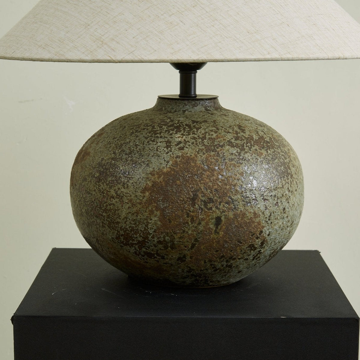 Verdigris Echo Ceramic Table Lamp with Linen Shade for Living Room & Bedroom