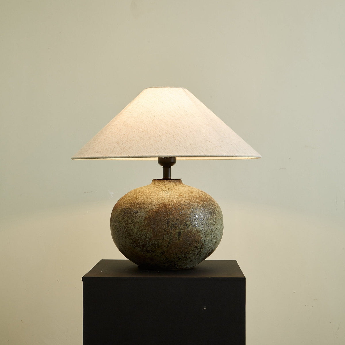 Verdigris Echo Ceramic Table Lamp with Linen Shade for Living Room & Bedroom