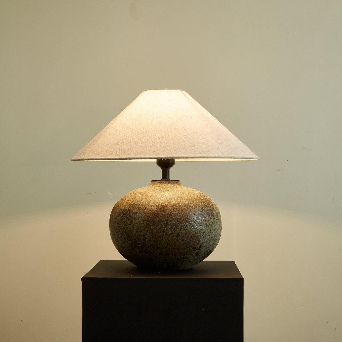 Verdigris Echo Ceramic Table Lamp with Linen Shade for Living Room & Bedroom