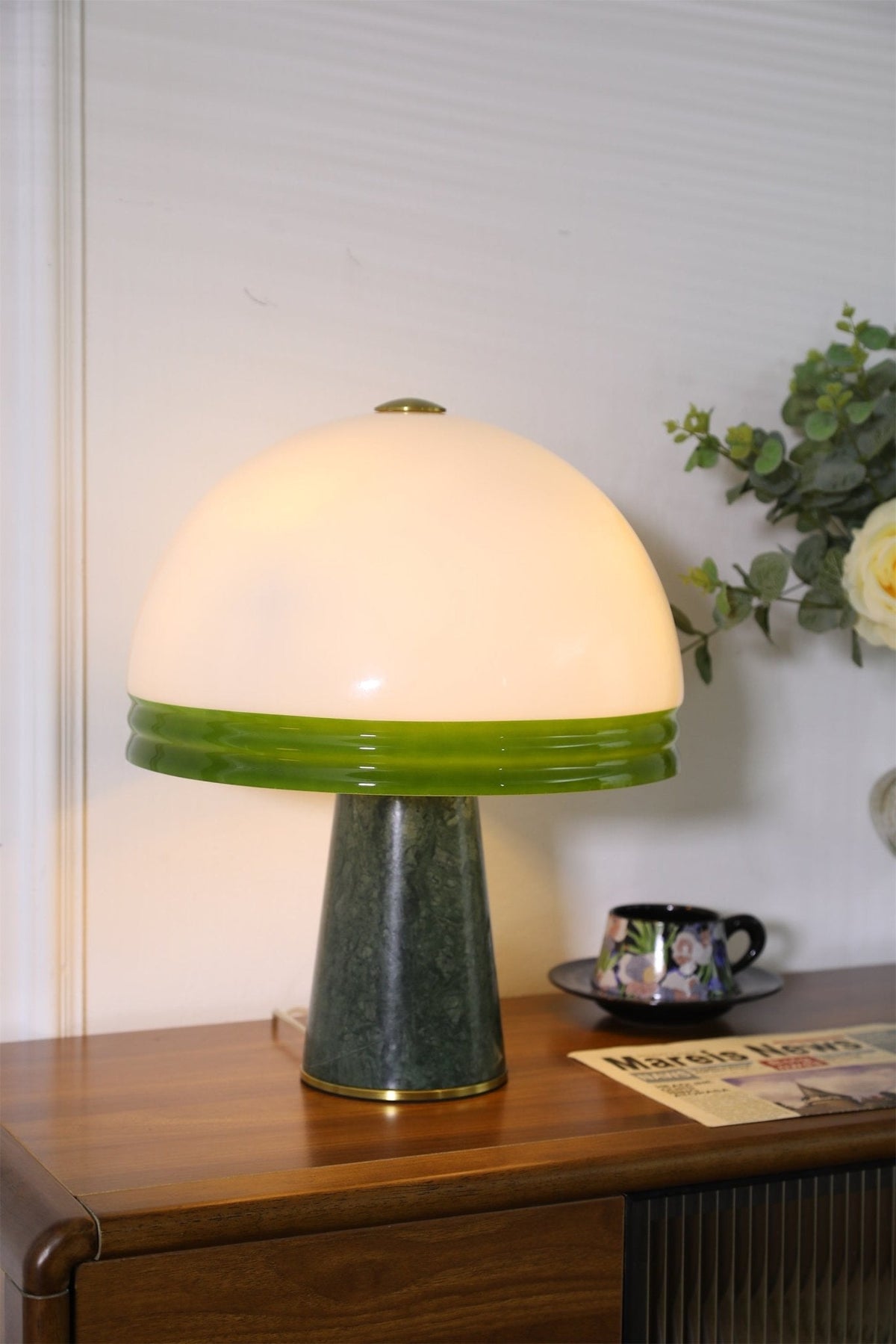Verdura Dome Table Lamp with Marble Base and Green Glass Accent