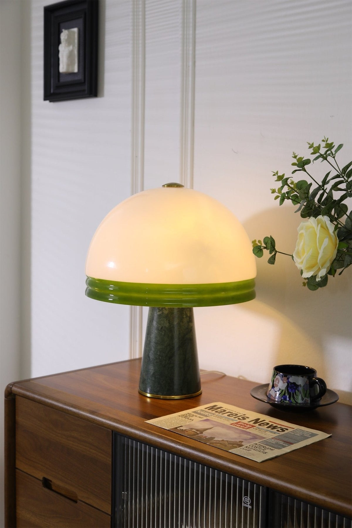 Verdura Dome Table Lamp with Marble Base and Green Glass Accent