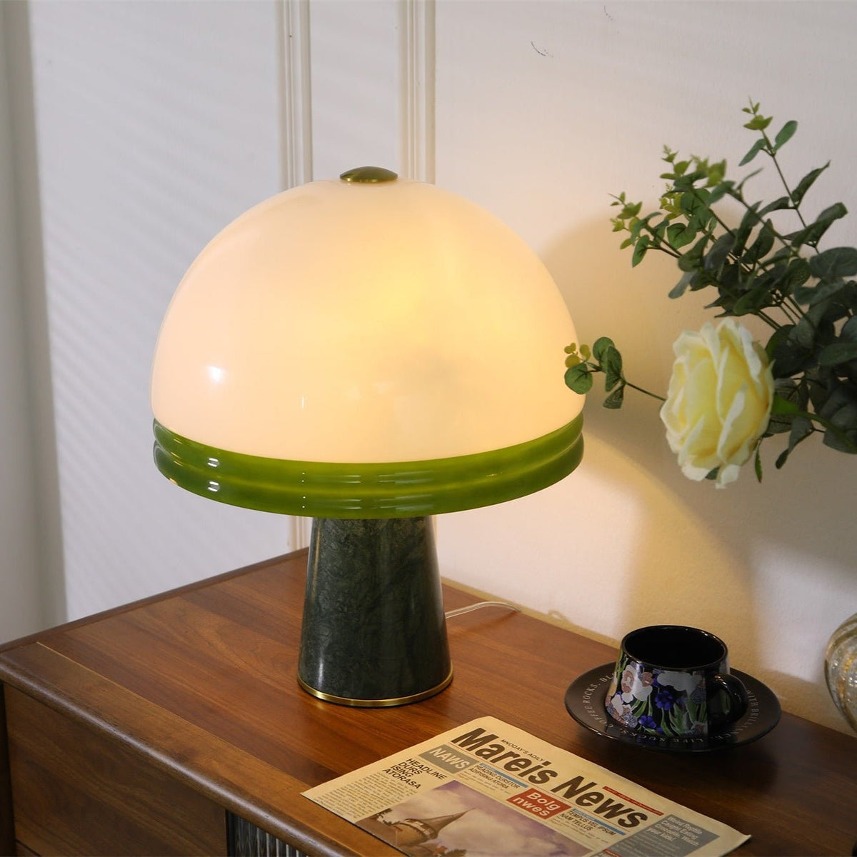 Verdura Dome Table Lamp with Marble Base and Green Glass Accent