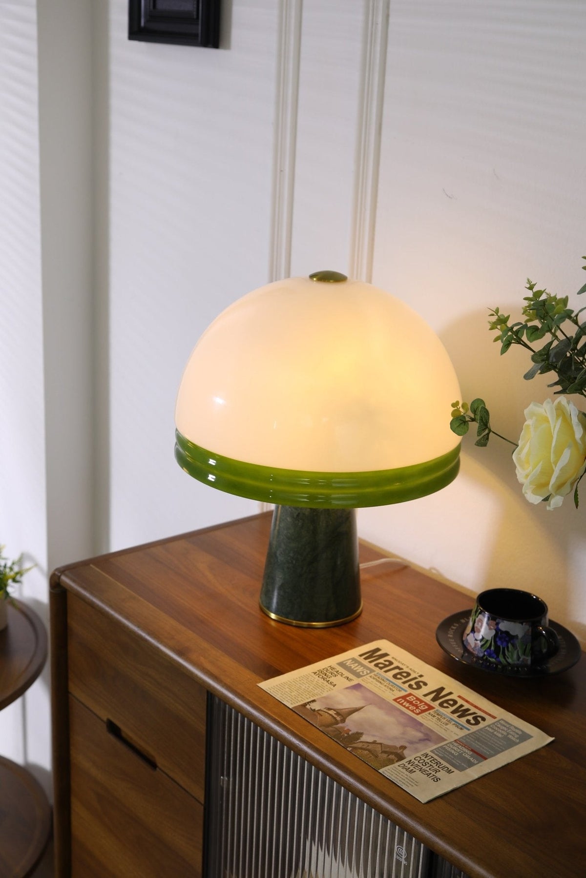 Verdura Dome Table Lamp with Marble Base and Green Glass Accent