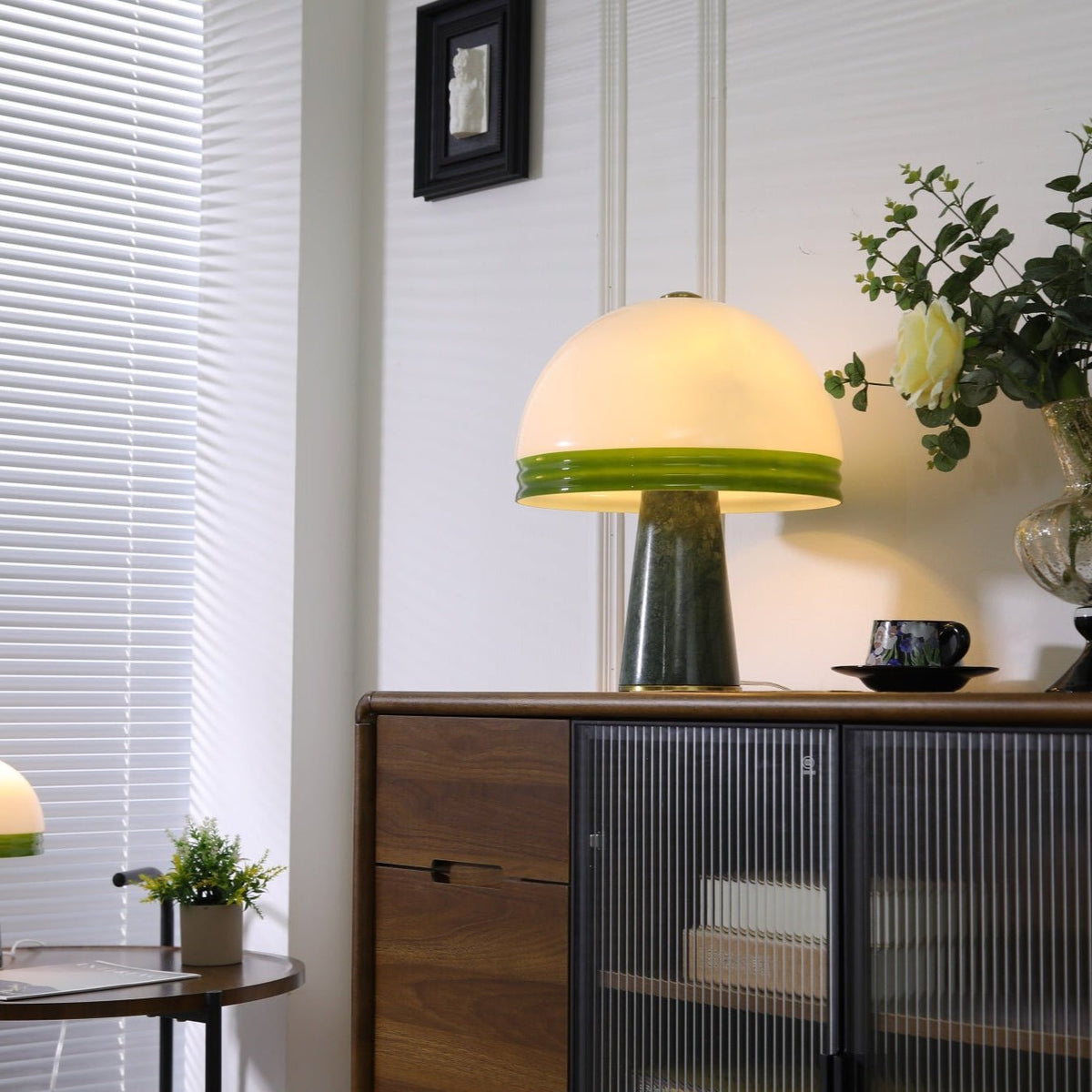 Verdura Dome Table Lamp with Marble Base and Green Glass Accent
