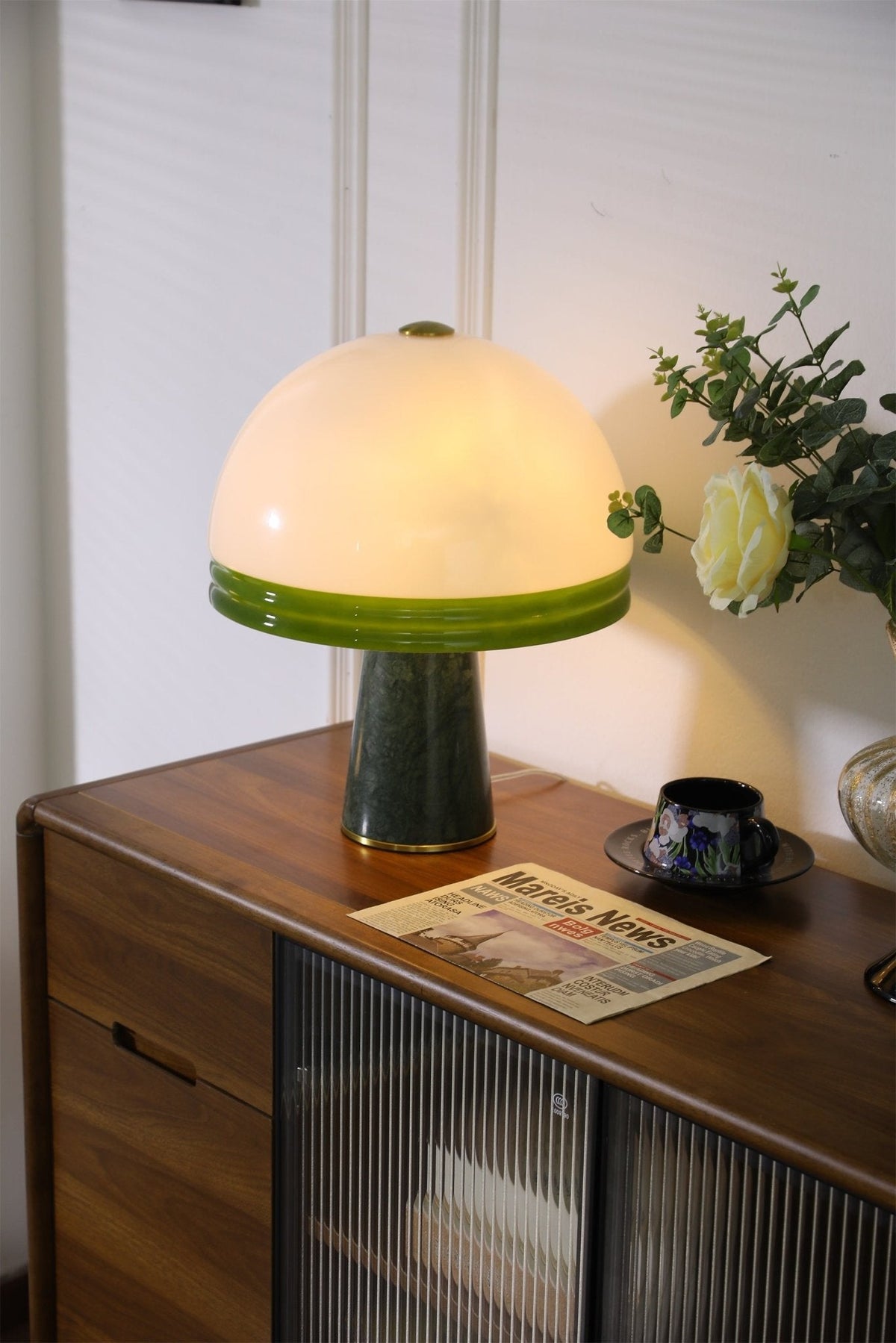 Verdura Dome Table Lamp with Marble Base and Green Glass Accent