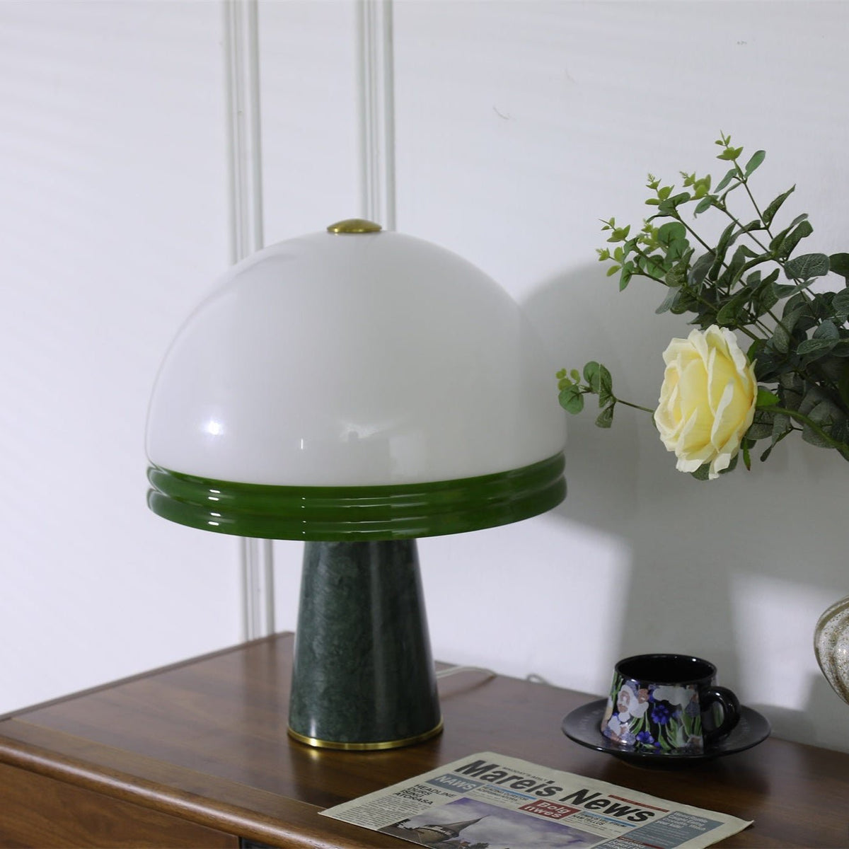 Verdura Dome Table Lamp with Marble Base and Green Glass Accent