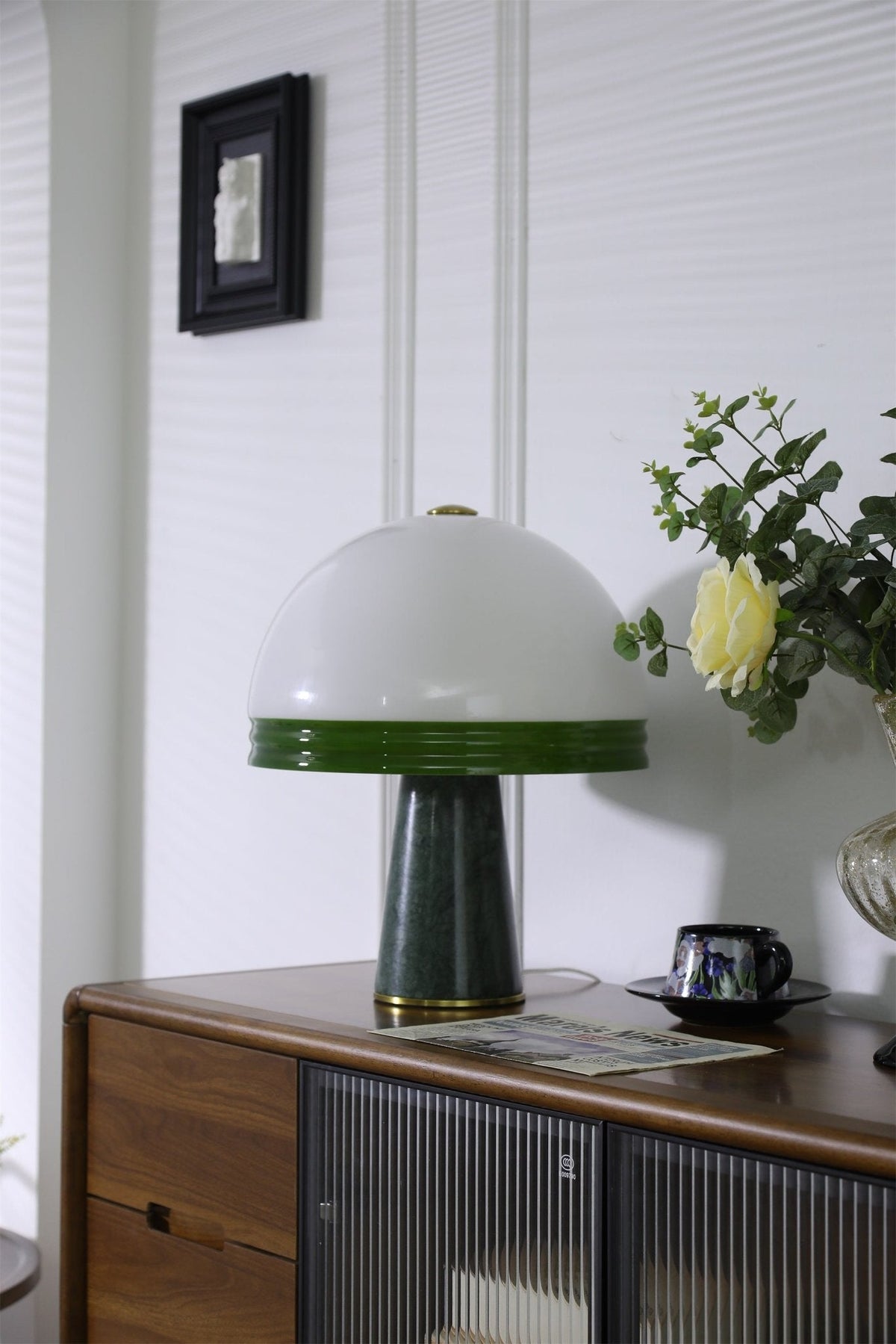 Verdura Dome Table Lamp with Marble Base and Green Glass Accent