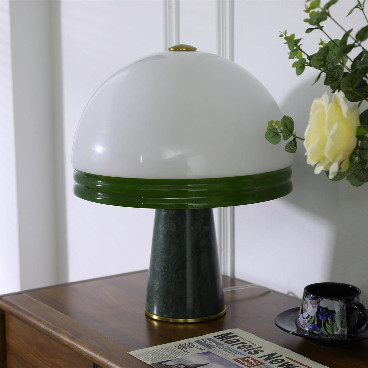 Verdura Dome Table Lamp with Marble Base and Green Glass Accent