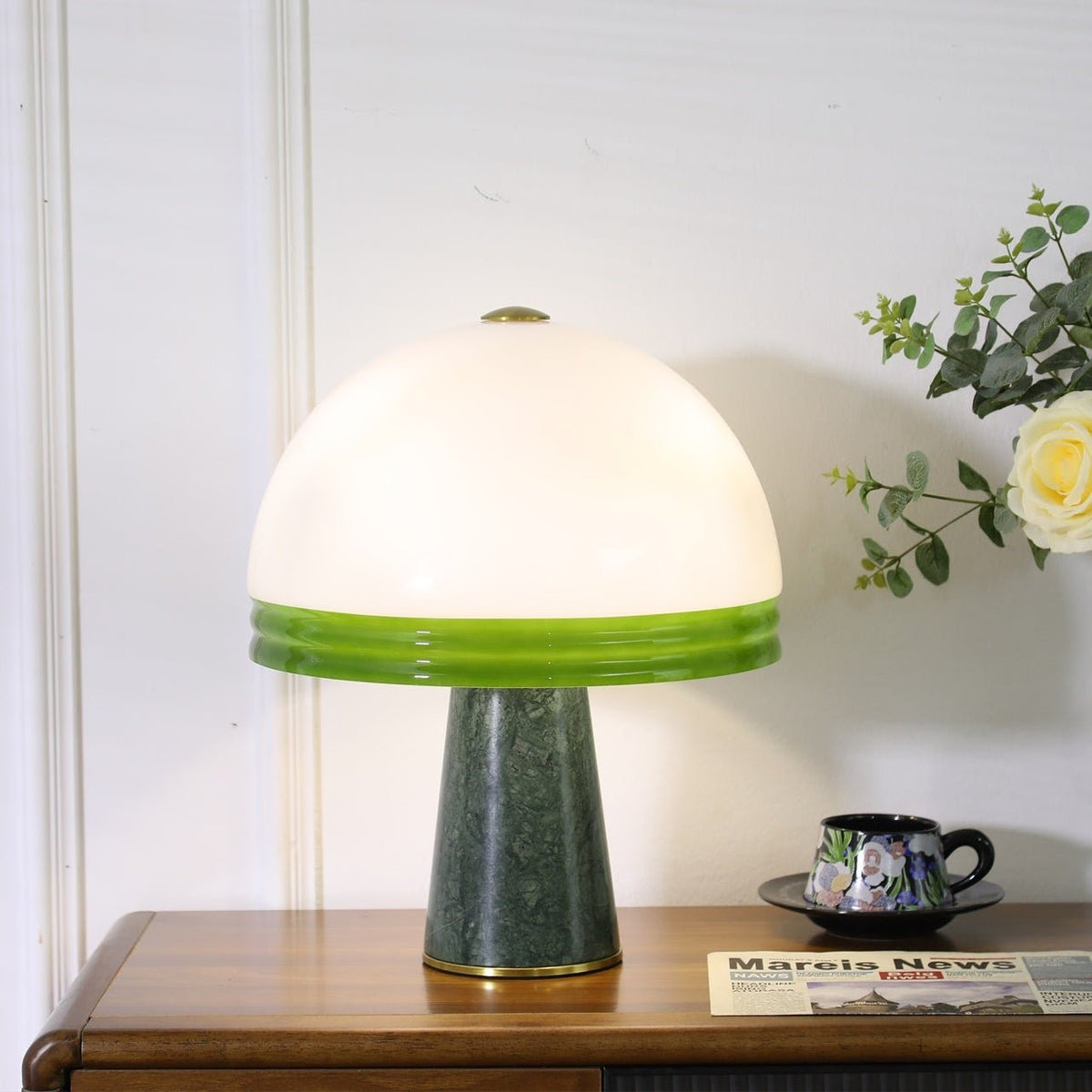Verdura Dome Table Lamp with Marble Base and Green Glass Accent