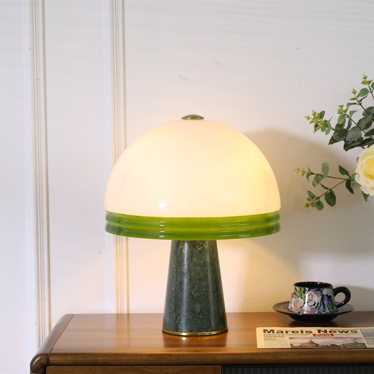 Verdura Dome Table Lamp with Marble Base and Green Glass Accent