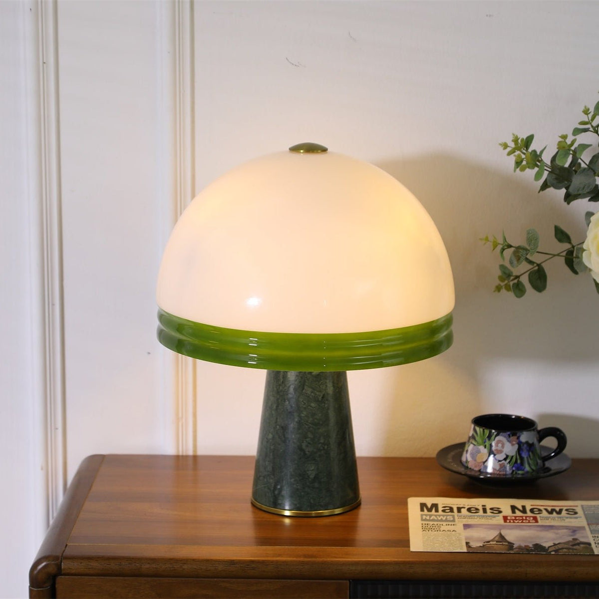 Verdura Dome Table Lamp with Marble Base and Green Glass Accent