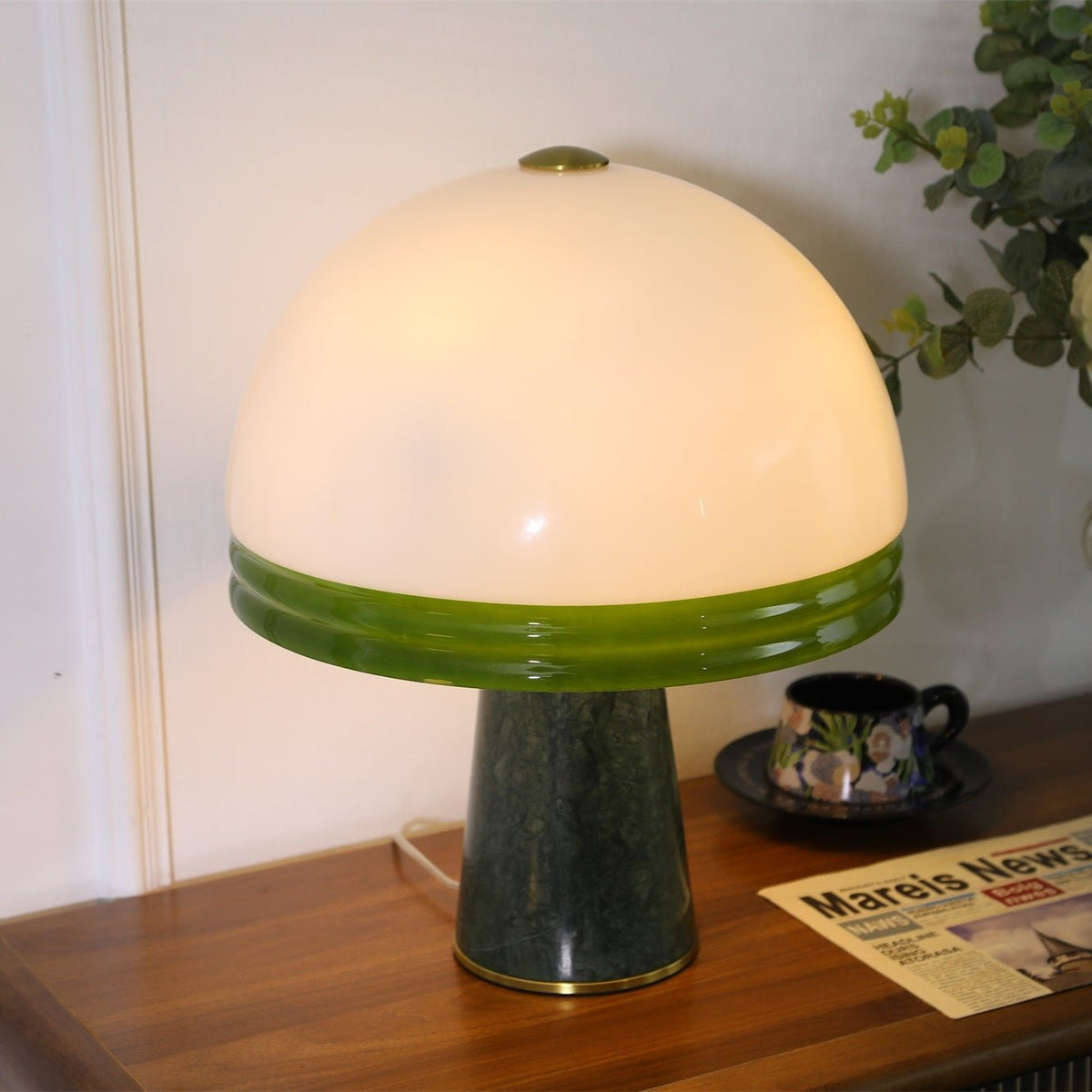 Verdura Dome Table Lamp with Marble Base and Green Glass Accent
