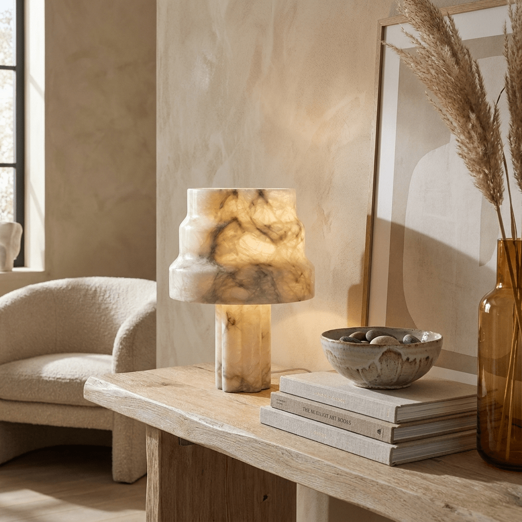 Verona Sculptural Alabaster Table Lamp with Gold Accents
