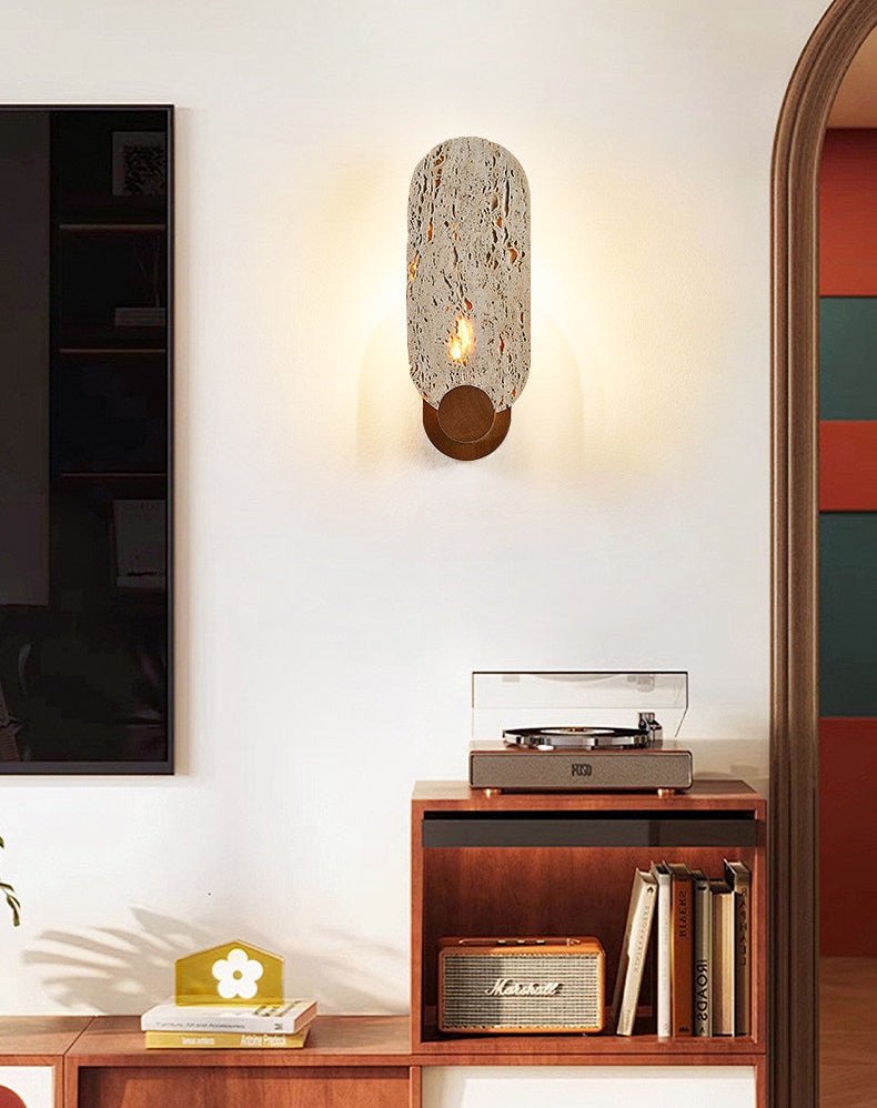 Vesper Travertine Wall Sconce with Walnut Accent
