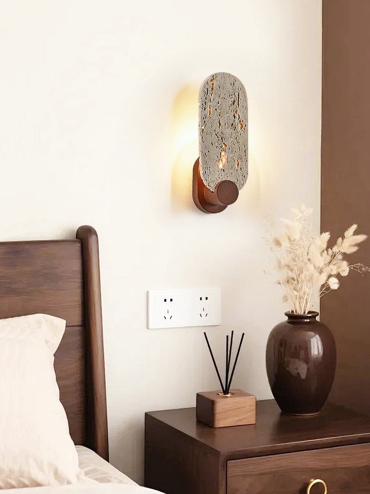Vesper Travertine Wall Sconce with Walnut Accent