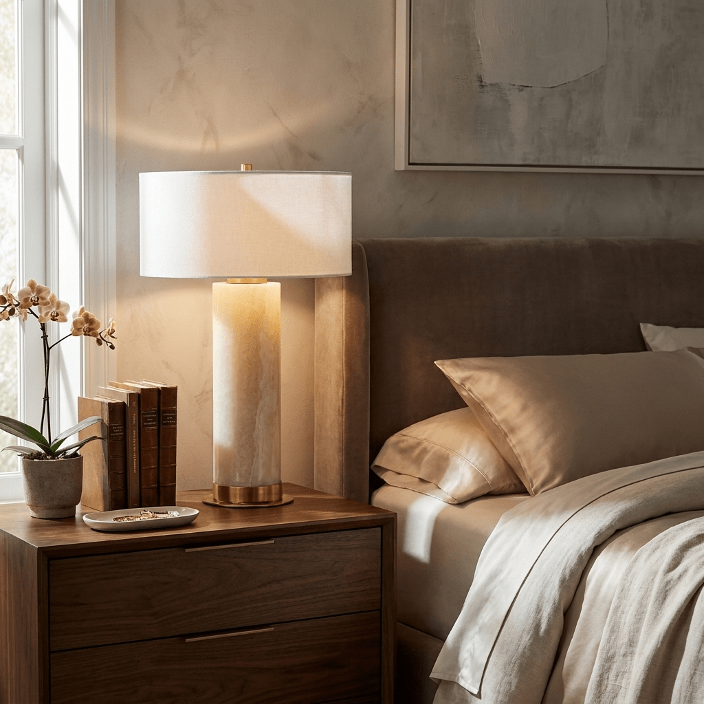 Vesper Onyx Table Lamp — Honey Onyx Column with Linen Shade