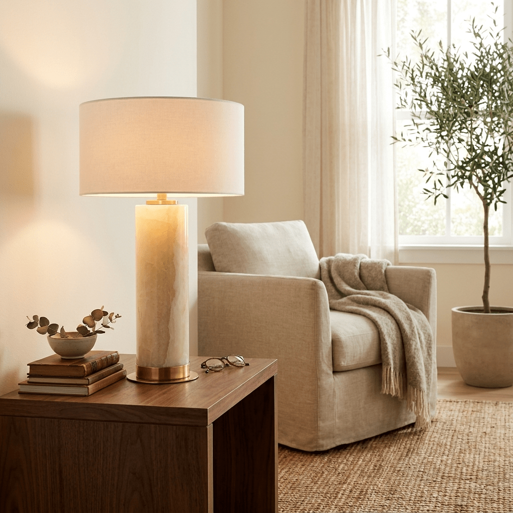 Vesper Onyx Table Lamp — Honey Onyx Column with Linen Shade