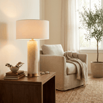 Vesper Onyx Table Lamp — Honey Onyx Column with Linen Shade
