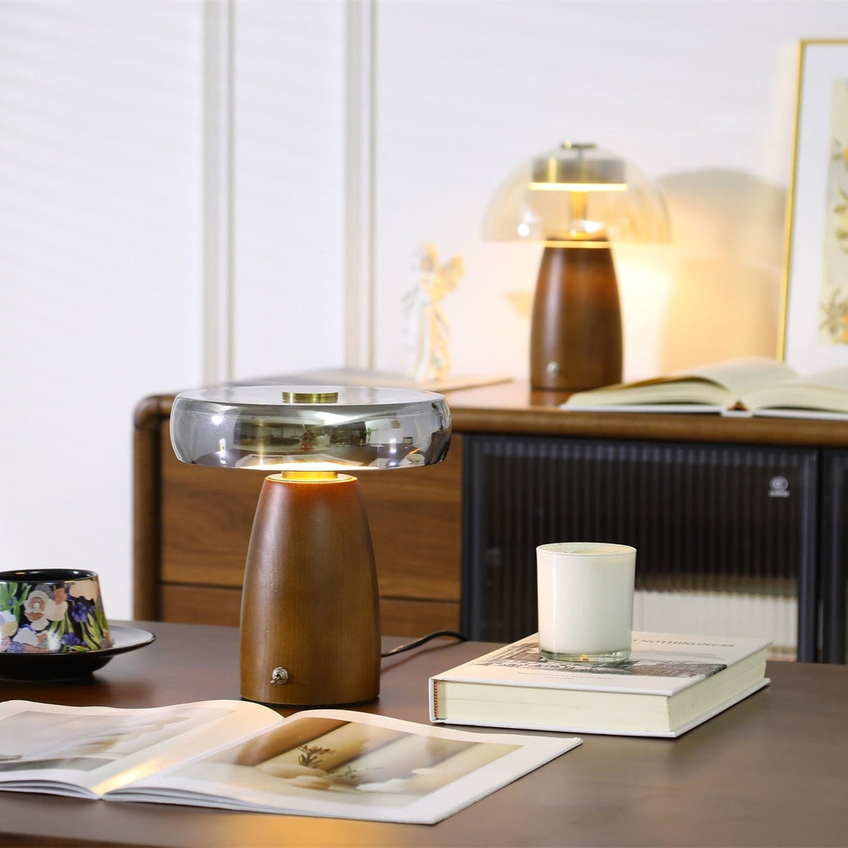 Veyra Modern Walnut Wood Table Lamp with Glass Shade for Bedroom and Living Room
