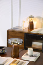 Veyra Modern Walnut Wood Table Lamp with Glass Shade for Bedroom and Living Room