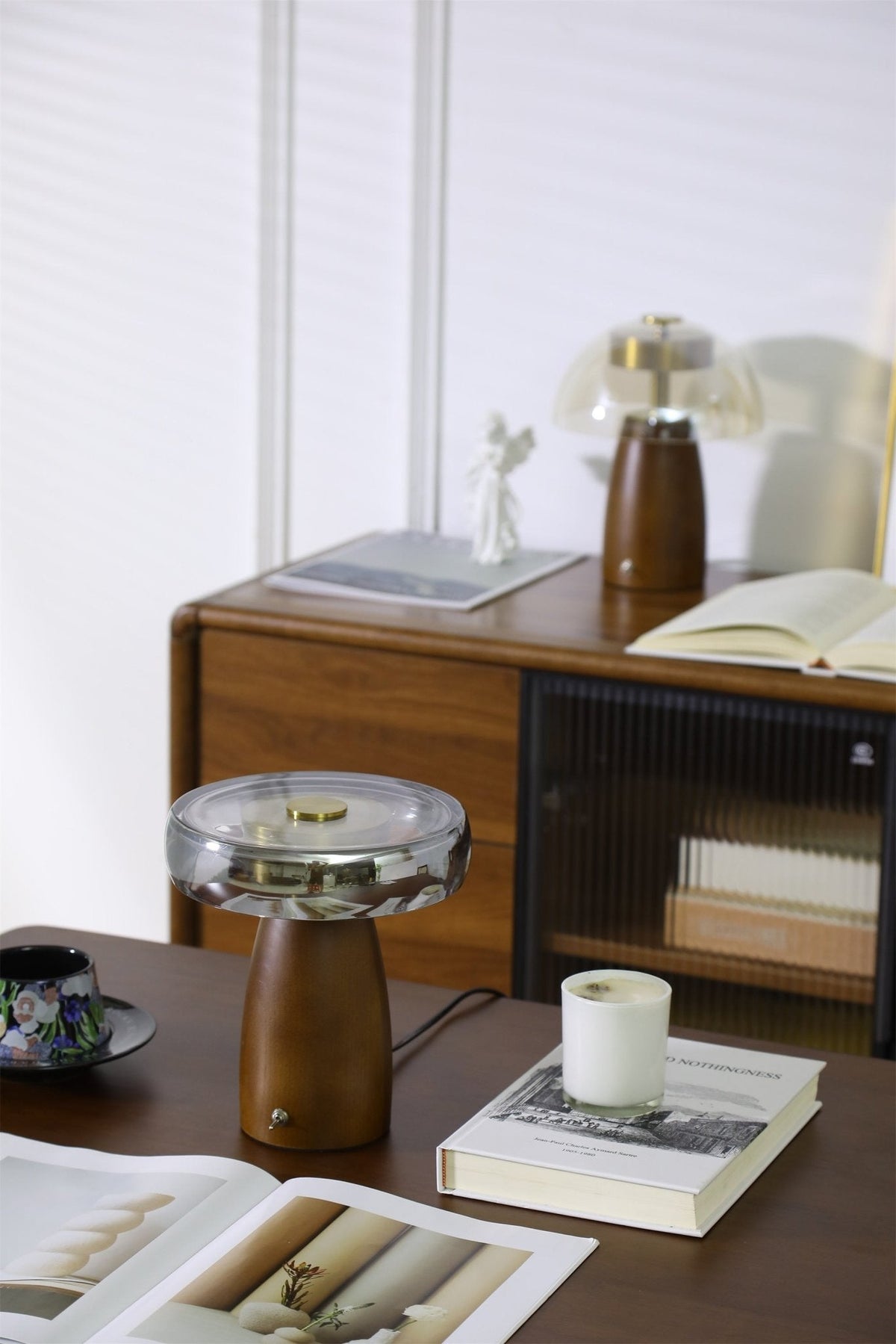 Veyra Modern Walnut Wood Table Lamp with Glass Shade for Bedroom and Living Room