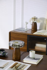 Veyra Modern Walnut Wood Table Lamp with Glass Shade for Bedroom and Living Room