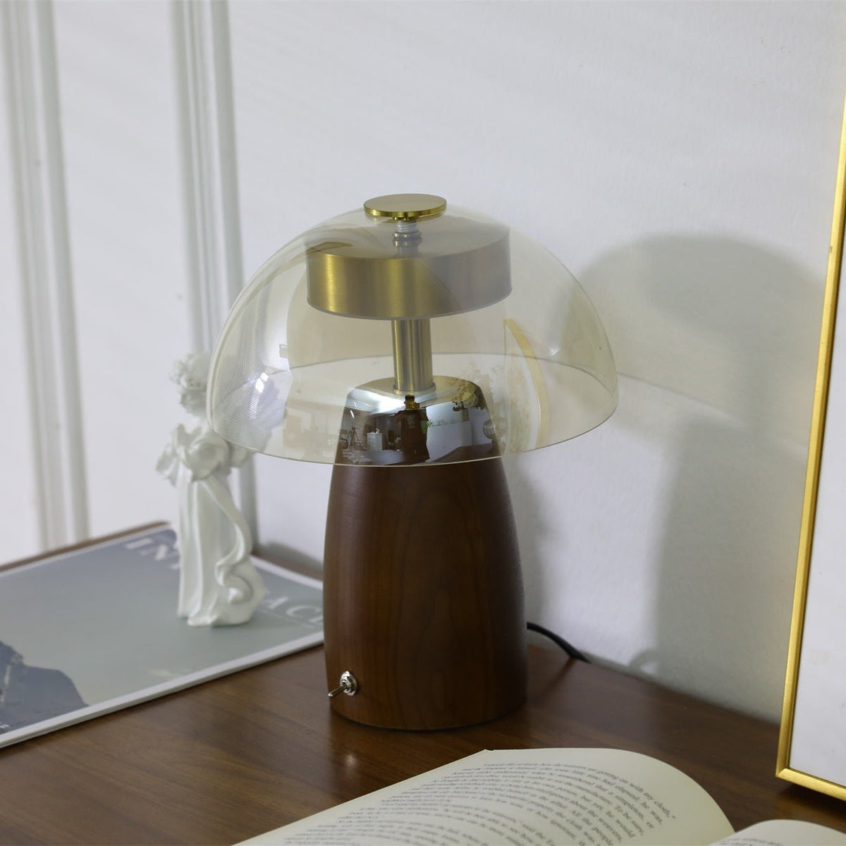 Veyra Modern Walnut Wood Table Lamp with Glass Shade for Bedroom and Living Room