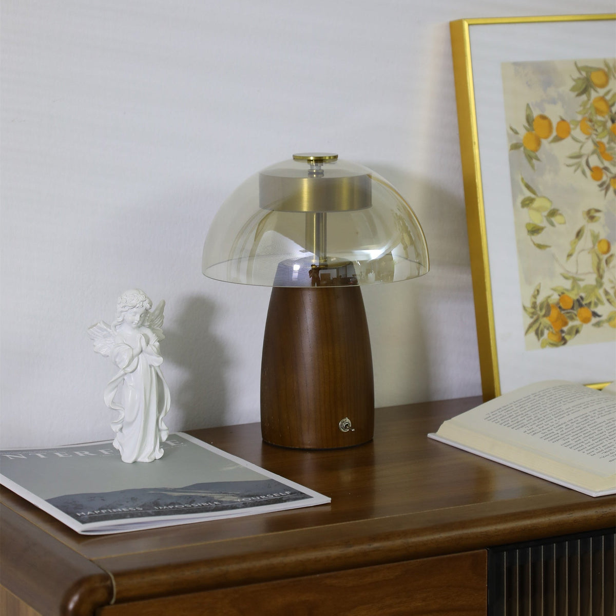 Veyra Modern Walnut Wood Table Lamp with Glass Shade for Bedroom and Living Room