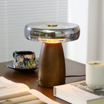 Veyra Modern Walnut Wood Table Lamp with Glass Shade for Bedroom and Living Room
