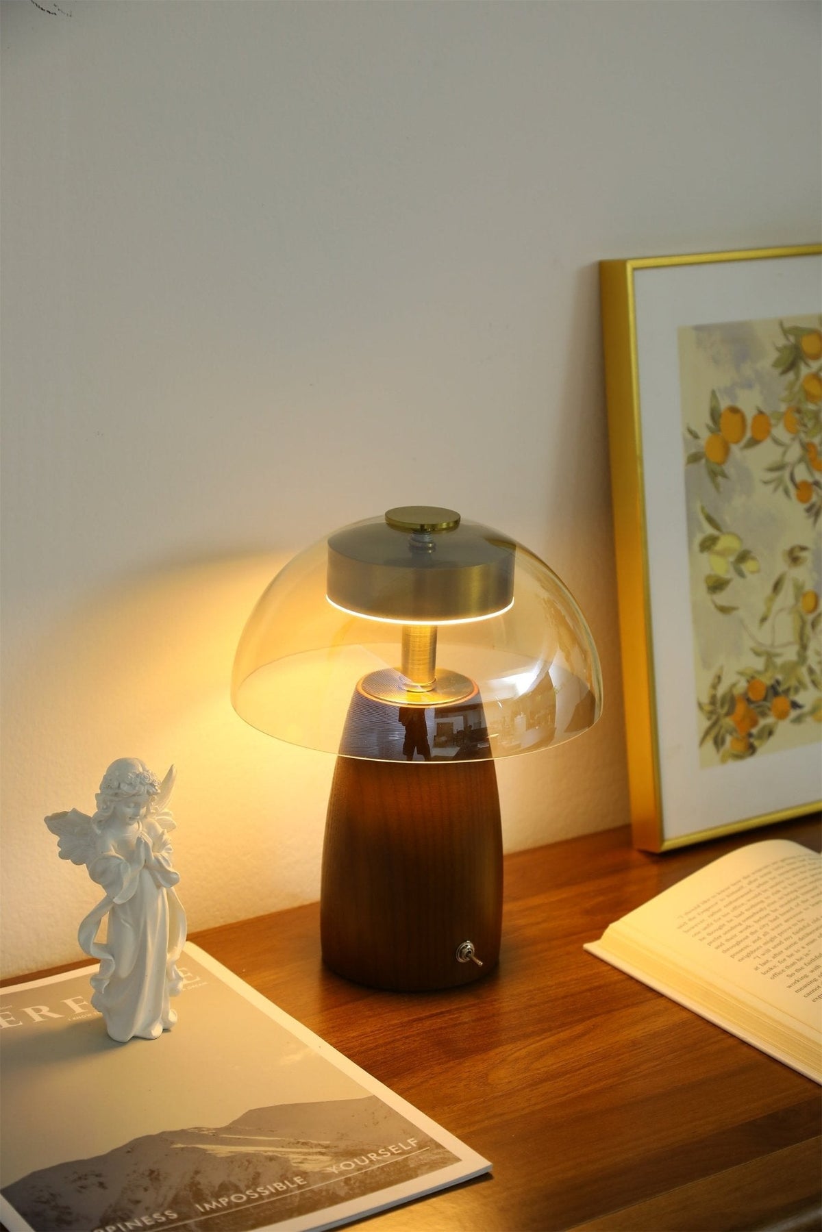 Veyra Modern Walnut Wood Table Lamp with Glass Shade for Bedroom and Living Room