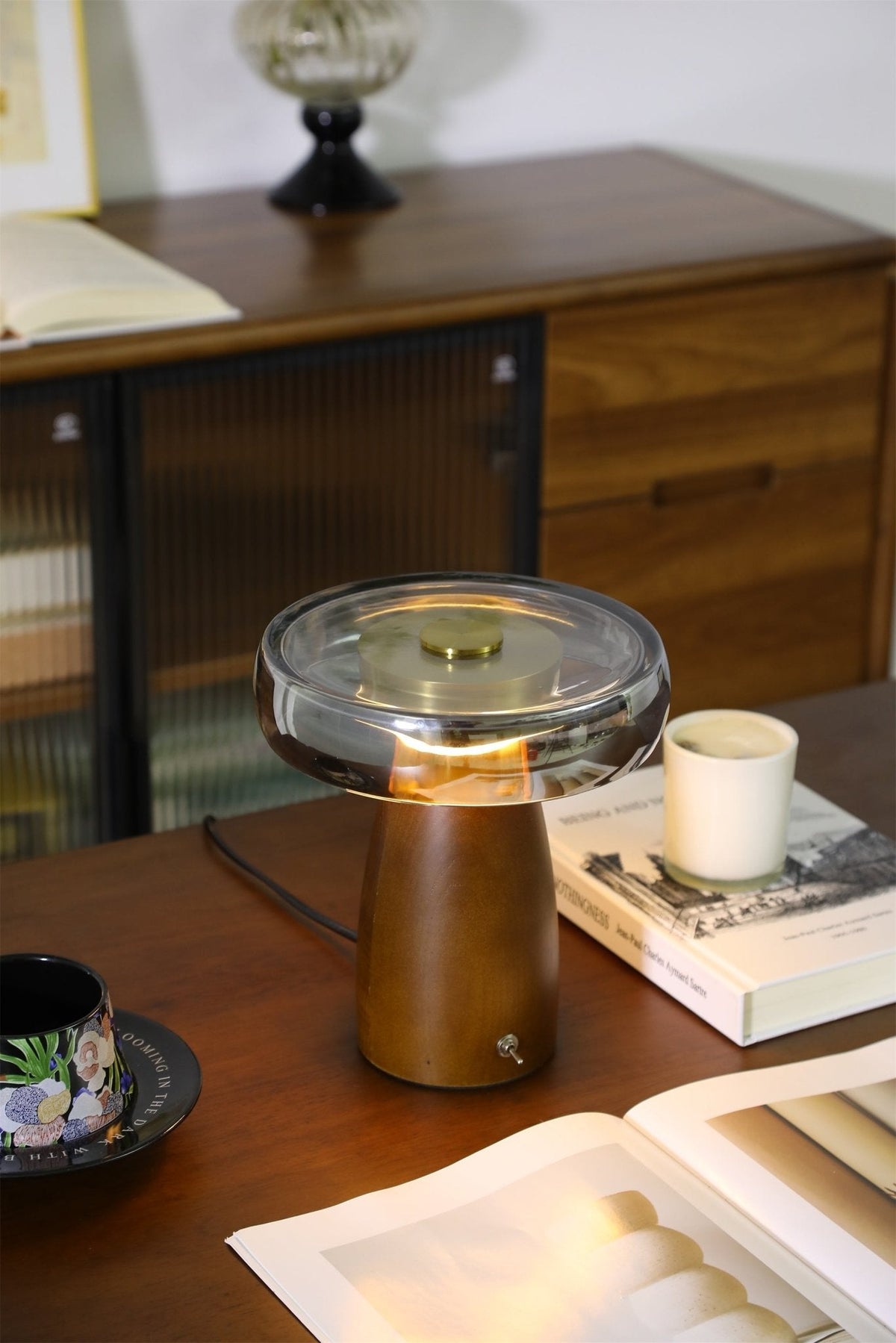 Veyra Modern Walnut Wood Table Lamp with Glass Shade for Bedroom and Living Room