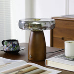 Veyra Modern Walnut Wood Table Lamp with Glass Shade for Bedroom and Living Room