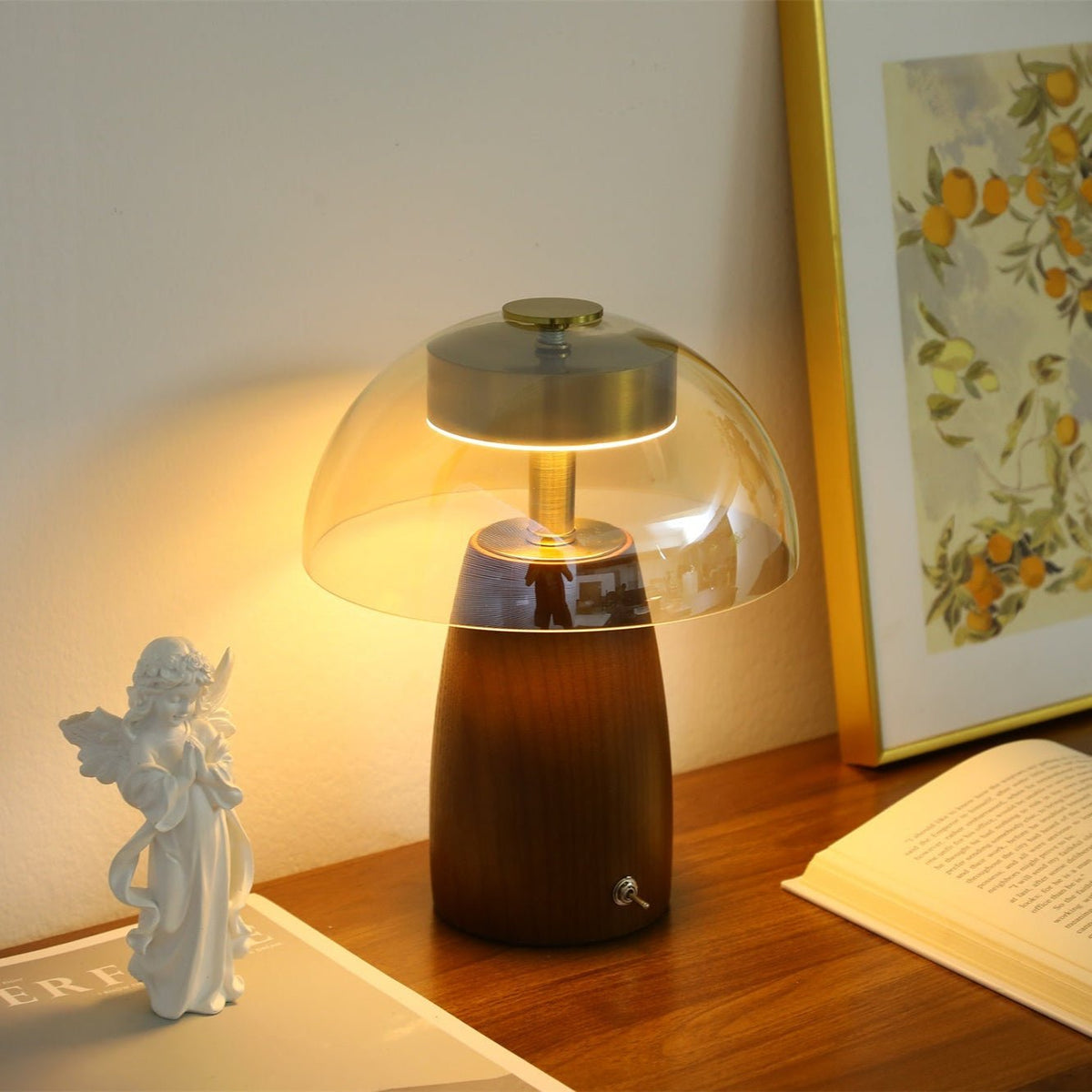 Veyra Modern Walnut Wood Table Lamp with Glass Shade for Bedroom and Living Room